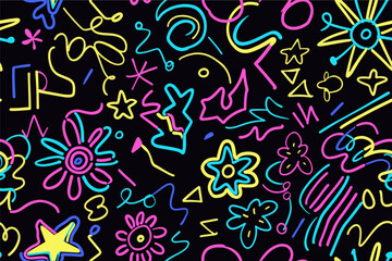  Fun shapes children seamless pattern. Flower geometric neon bright color funky groovy 90s cartoon isolated print pattern. Vector illustration on black background