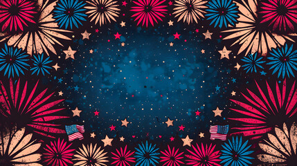 Abstract blue background with American symbols for the day Independence Day in the United States. American flags, fireworks. Day of national pride