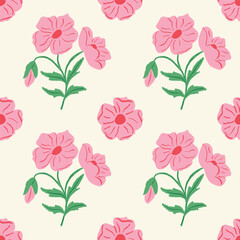 Pink vintage textured flower seamless repeat pattern with a ivory background