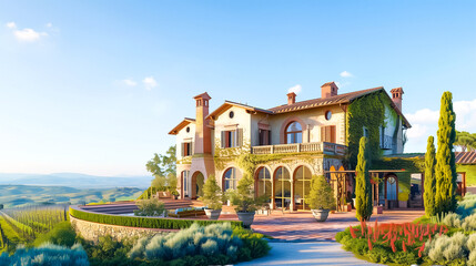 Luxurious residence with terraces overlooking the vineyards and hills in a sunny Tuscan...