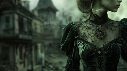 A ghostly figure dd in a highnecked blouse and velvet skirt moves gracefully through the abandoned town. Her antique brooch an intricate spider design captures the light . - obrazy, fototapety, plakaty