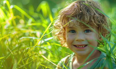 A young child's smiling in green grass