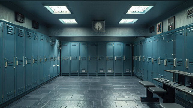 A large, empty locker room with blue lockers and a clock on the wall