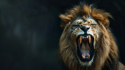 Close-up of a roaring lion with a dark background.