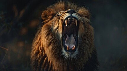 Close-up of a roaring lion with open mouth in low light.