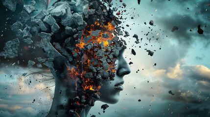 Surreal imagery depicting a exploding into fragments, symbolizing psychological turmoil 