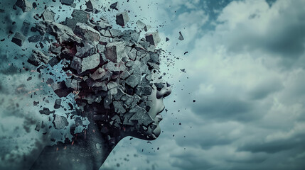 Surreal imagery depicting a exploding into fragments, symbolizing psychological turmoil  - obrazy, fototapety, plakaty