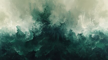   A painting of a green and white wave with black and white swirls at the bottom The bottom of the painting displays black and white swirls