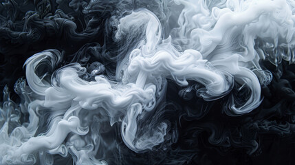   Black background with white and black smoke swirling, a tendril of it rising from the top - obrazy, fototapety, plakaty