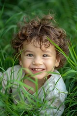 A young child's smiling in green grass