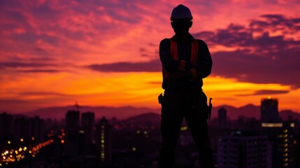 Silhouetted against the orange and purple hues of a sunset sky a lone construction worker looks out over the cityscape their arms crossed as if reflecting on the impact of the buildings . - obrazy, fototapety, plakaty