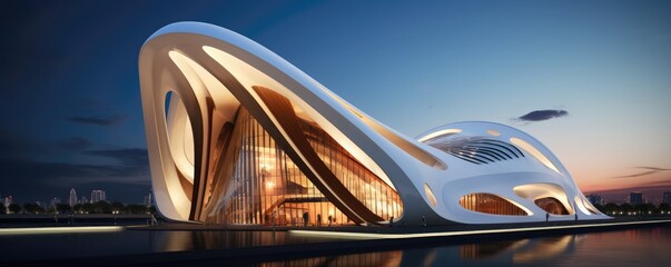 Obraz premium modern architectural design of a curvy, futuristic building illuminated at twilight