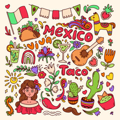 Viva Mexico icons set. Square color celebration background. Banner and social media post for Mexican federal holiday Cinco de Mayo. Mexican heritage and culture. Doodle vector illustration