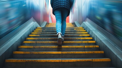 person walking on stairs - obrazy, fototapety, plakaty