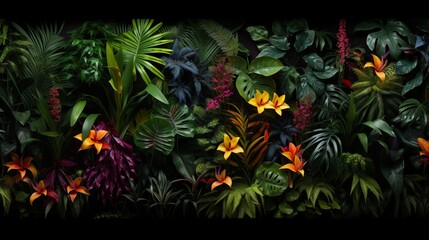 many brightly colored tropical plants are on a black wall.