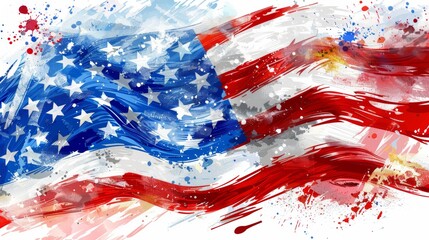American flag, on a white background, splashes of paint and sparks, vintage style.