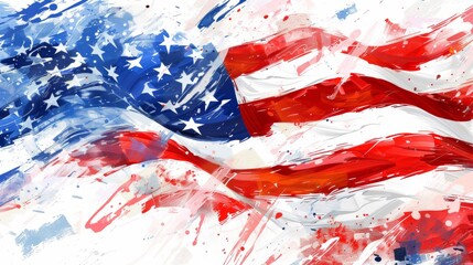 American flag, on a white background, splashes of paint and sparks, vintage style. - obrazy, fototapety, plakaty