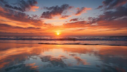 Nostalgic Ocean Sunset with its Warm Hues Mirrored in the Calm Waters Below.