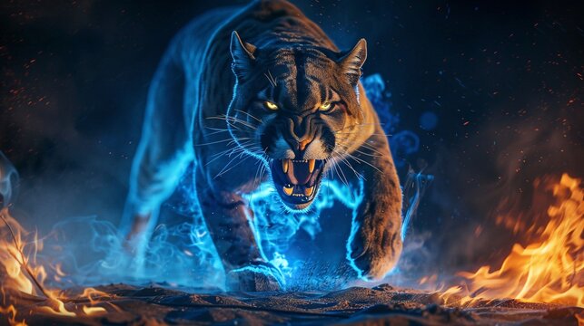 A fierce black panther snarling as it walks through flames and blue smoke.