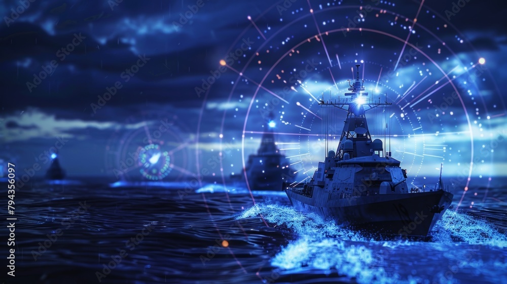 Poster an illustration of a radar system with ships passing through its range highlighting the use of advan