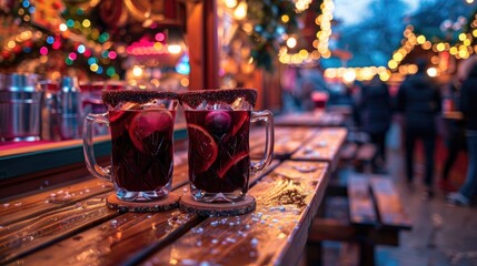 Mulled red wine served at the Christmas market with a sign indicating the beverage