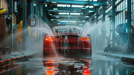 A red car is being washed in a car wash