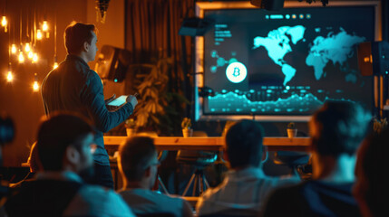 Cryptocurrency conferences and seminars. Presentation to audience.