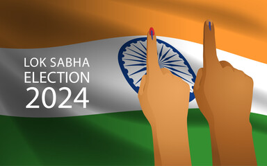 Vector illustration of male and female fingers marked with blue ink set against the backdrop of the Indian flag, civic duty, electoral participation, the right to vote and democratic engagement