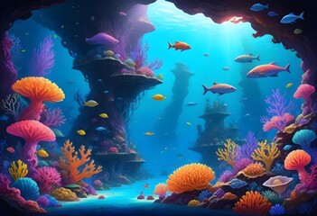 Vibrant underwater scene with colorful jellyfish-like creatures floating amidst a coral reef, set against a deep blue background