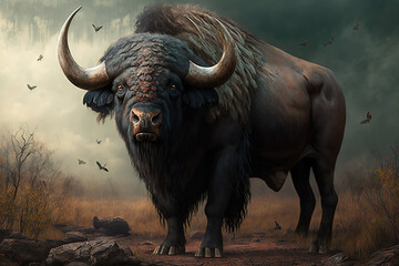 Massive buffalo in the wilderness - obrazy, fototapety, plakaty