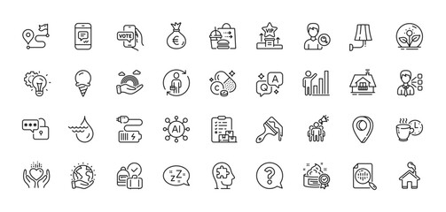 Graph chart, Money bag and Hold heart line icons pack. AI, Question and Answer, Map pin icons. Online voting, Brush, Incubator web icon. Mental conundrum, Third party, Home pictogram. Vector