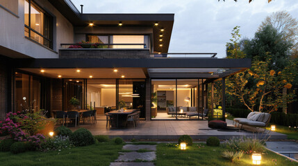 Obraz premium huge terrace of a modern house --ar 16:9 Job ID: 598188eb-ba63-4662-b1e6-c5ab3219d292