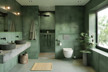 Contemporary modern bathroom interior in dark green colors and concrete elements.