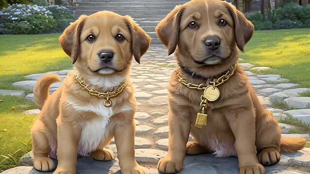 Evolution of a gold retriver dog's age - the age of a three-month-old cute gold retriver puppy gradually reaches the age of a five-year-old gold retriver dog.Flipbook style animation video. High
