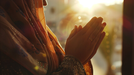 The camera zooms in on the hands of a modern Muslim woman engaged in prayer, with sunlight filtering through nearby windows, casting a gentle glow upon her as she seeks divine sola