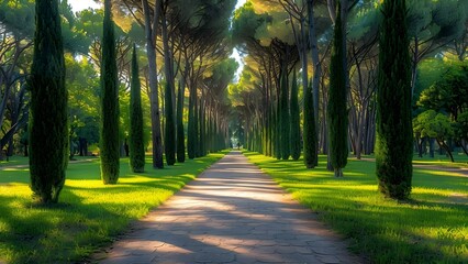 Tranquil park with tall trees green grass and cypress walkway in summer. Concept Summer Park, Tall Trees, Green Grass, Cypress Walkway, Tranquil Setting - obrazy, fototapety, plakaty