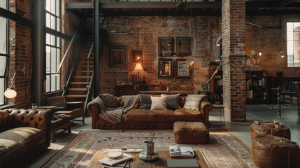 A large living room with a brown couch, a coffee table, and a fireplace