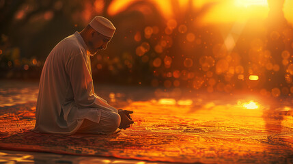 From a low angle, a Muslim man bows in prayer on a decorative rug outdoors, with the rays of the setting sun casting a golden hue on the scene, enhancing the spiritual ambiance. - obrazy, fototapety, plakaty