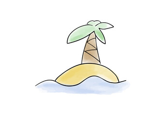 Island with a palm on it. Watercolor doodle element. Vector illustration.