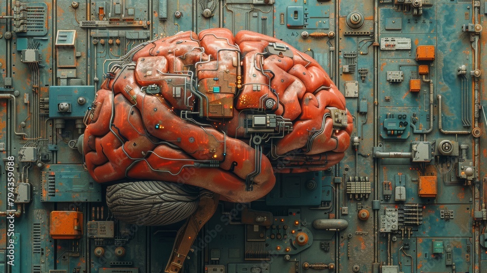 Poster a conceptual image of a human brain meshed with advanced circuitry