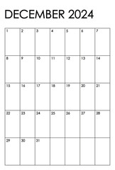 December 2024 month vertical calendar. Simple black and white design