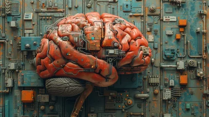 Foto op Aluminium A conceptual image of a human brain meshed with advanced circuitry © Denys