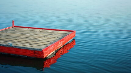 Naklejka premium A small floating dock made of wood featuring a red painted border intended for docking fishing and recreational boats The calm blue sea mirrors the dock on its surface