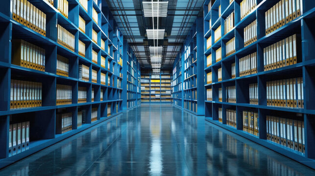 A large blue library with shelves full of books