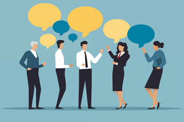 Business graphic vector modern style illustration of business people with blank speech bubble for message to announce discuss headline text present keynote presentation