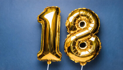 Banner with number 18 golden balloon. Ten years anniversary celebration. Bright blue background.