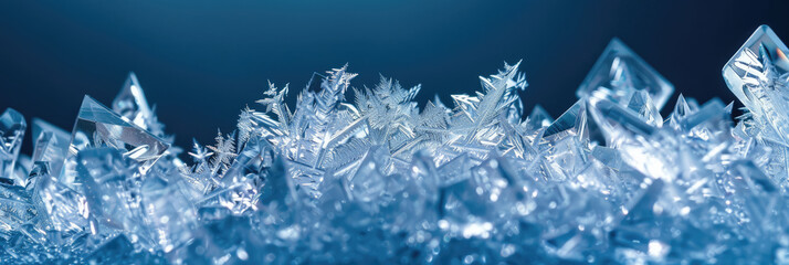 Crystal structures made from ice on blue background