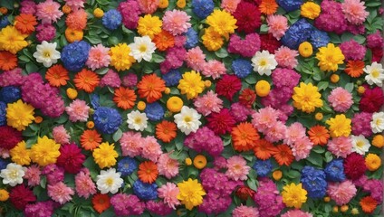 Fototapeta na wymiar Overhead Shot of a Colorful Floral Carpet, A Vibrant Blooming Floor Background.