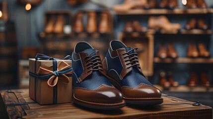 Men's shoes with gift box and bow in masculine blues and browns - perfect for a Father's Day gift or special occasion - obrazy, fototapety, plakaty