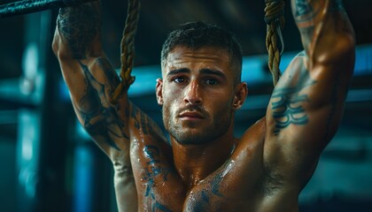 Tattooed Athlete Gripping Rope in Gym - Powered by Adobe